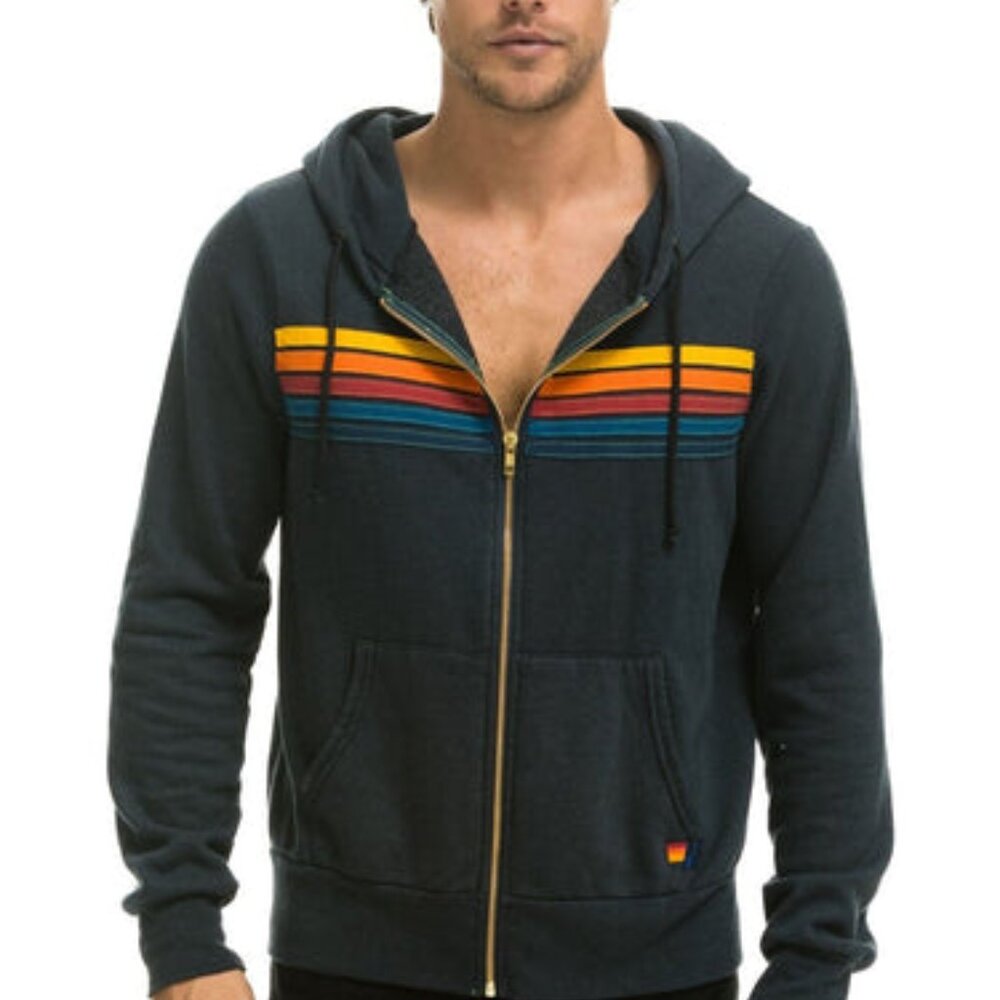 NEW Aviator Nation 5 Stripe Zip Hoodie Sweatshirt Large Charcoal $196 msrp - Picture 2 of 3